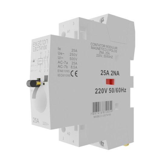 Contator Circuitos de Comando Modular com chave 2 Polos, 2NA, 25A, 220V